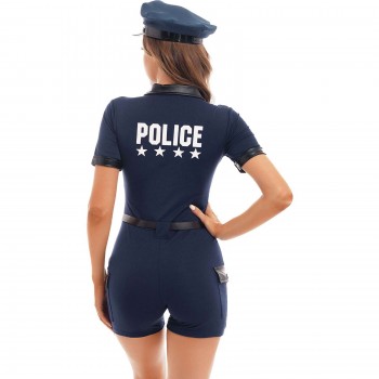  Women's Policewoman Carnival Cosplay Costume - Short Sleeve Jumpsuit with Belt, Purse, Hat, and Cuffs for an Authentic Cop Officer Uniform Outfit